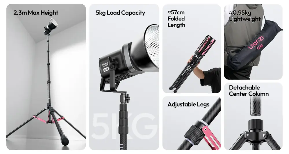  Ulanzi T230 – portabelt lysstativ i karbonfiber 230 cm med vendbare ben Rask levering fra Sverige.