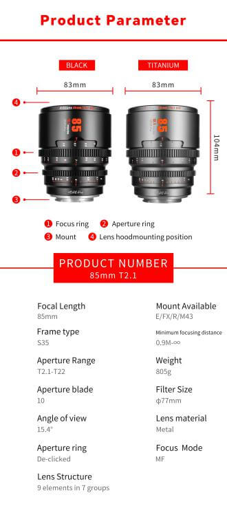 7Artisans 7Artisans 85mm T2.1 S35 Cine objektiv for Sony E – Perfekt for filmskaping