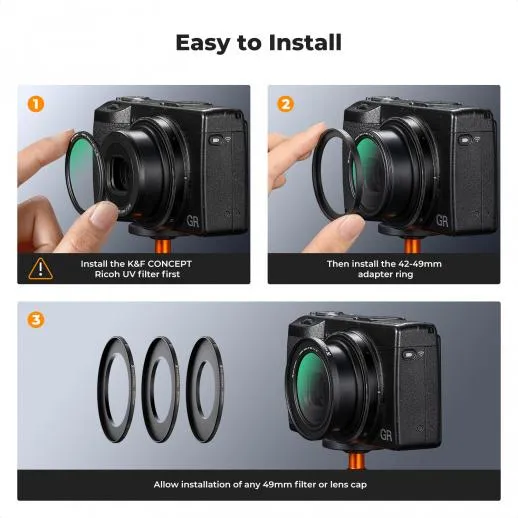 K&F Concept K&F Concept Step Up Ring 42-49 og objektivdeksel for Ricoh GR-serien