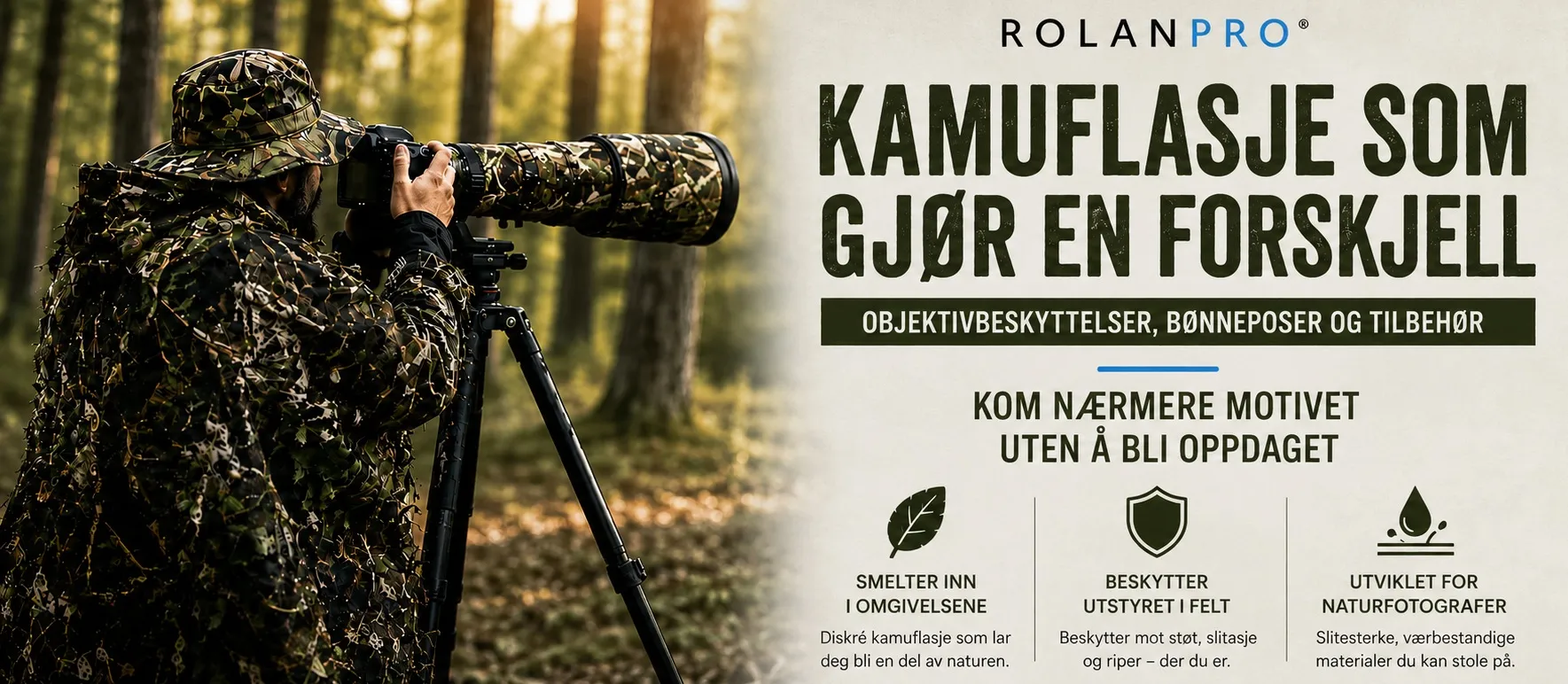 Rolanpro kamuflasjefargede objektivbeskyttelser, b&oslash;nneposer og tilbeh&oslash;r