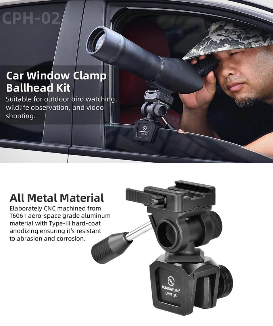  Sunwayfoto CPH-02 videohode med bilvindu­feste for kamera/kikkert Rask levering fra Sverige.