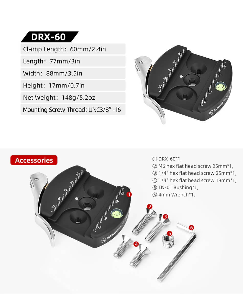  Sunwayfoto DRX-60 hurtigfeste 60 mm for Arca-Swiss Rask levering fra Sverige.