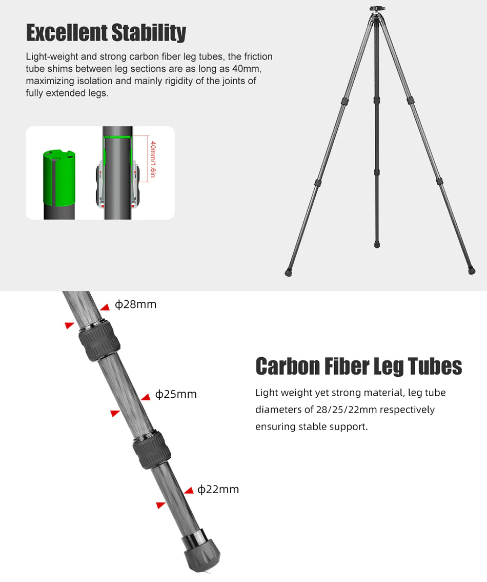 Sunwayfoto Sunwayfoto T4040CM karbonfiberstativ 161cm for tung utstyr foto/jakt 40 kg