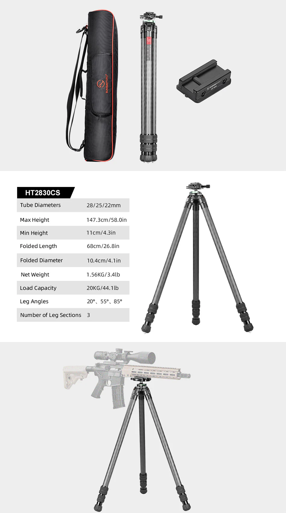 Sunwayfoto Sunwayfoto T4040CM karbonfiberstativ 161cm for tung utstyr foto/jakt 40 kg