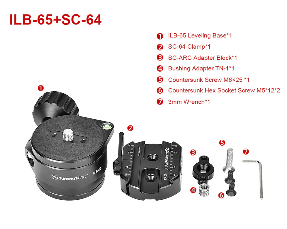  Sunwayfoto ILB-65+SC-64 65 mm nivelleringsbase med Arca-Swiss hurtigfeste Rask levering fra Sverige.