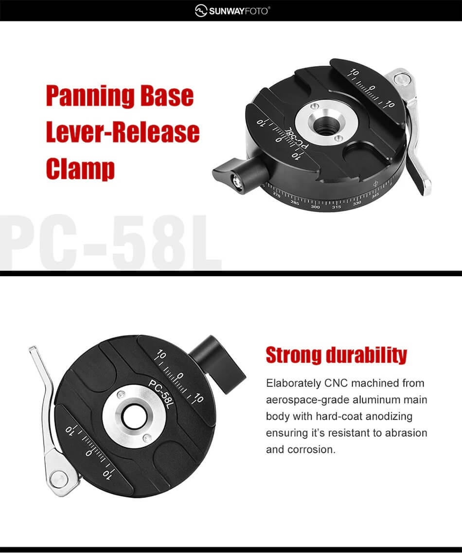  Sunwayfoto PC-58L hurtigkoblingsfeste med 360° panorama Arca Rask levering fra Sverige.