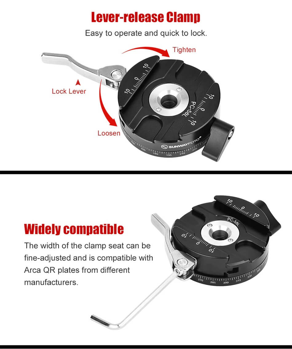  Sunwayfoto PC-58L hurtigkoblingsfeste med 360° panorama Arca Rask levering fra Sverige.