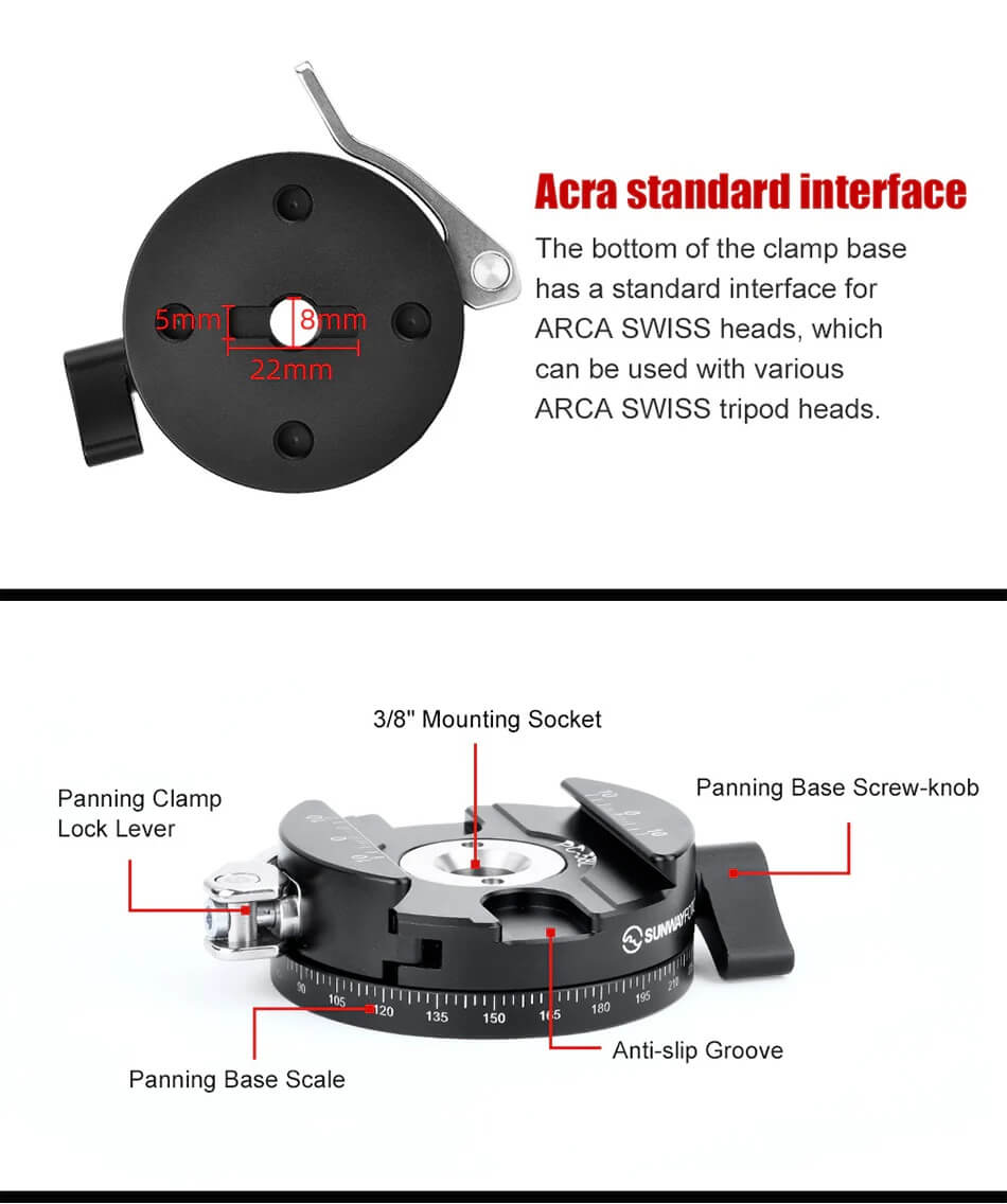  Sunwayfoto PC-58L hurtigkoblingsfeste med 360° panorama Arca Rask levering fra Sverige.