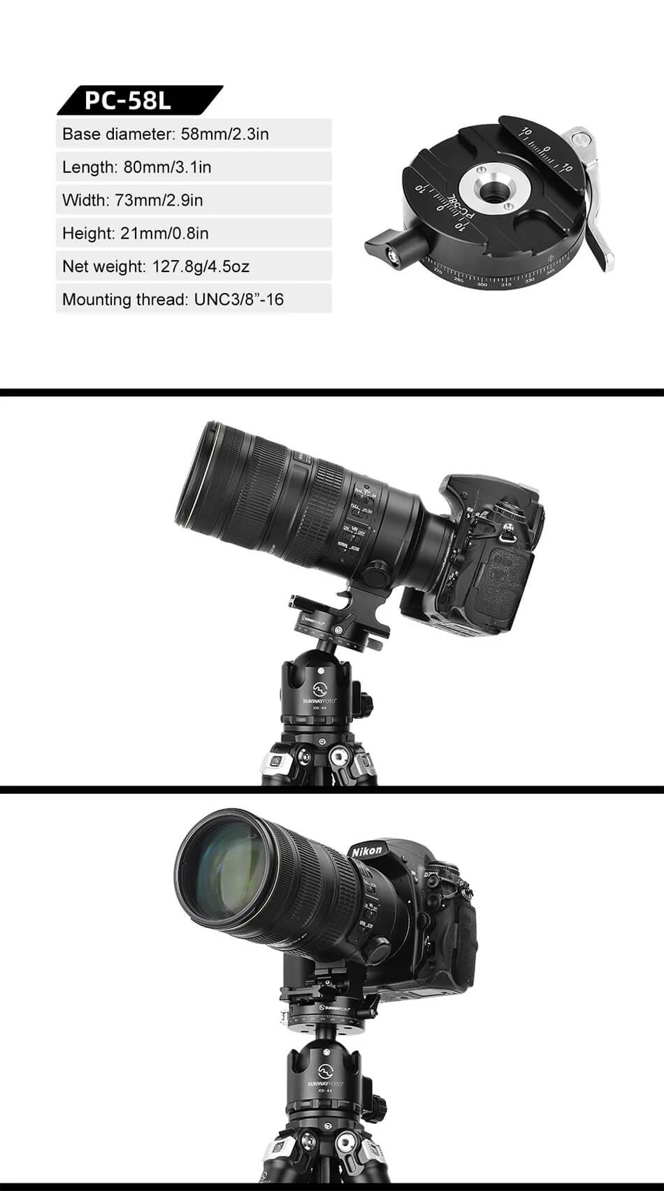  Sunwayfoto PC-58L hurtigkoblingsfeste med 360° panorama Arca Rask levering fra Sverige.