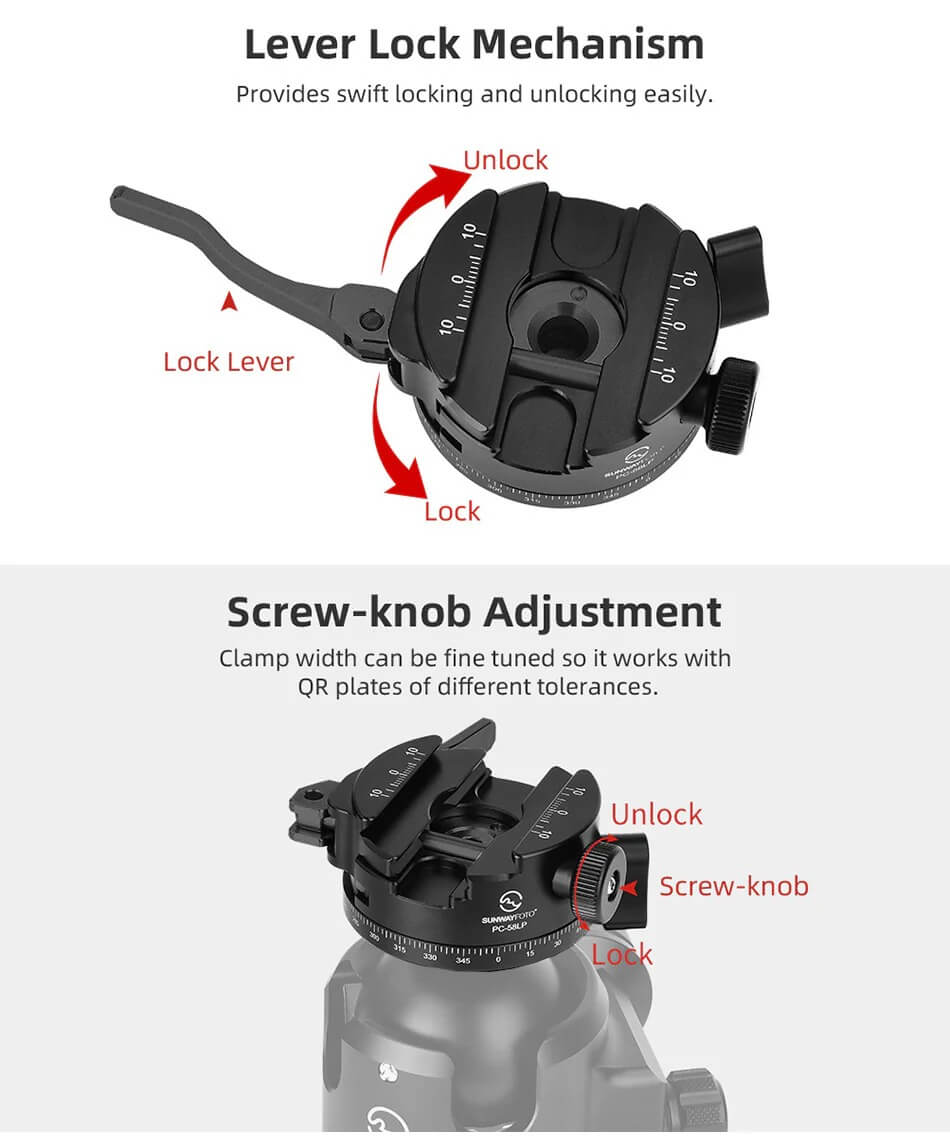  Sunwayfoto PC-58LP feste 360° pan for Picatinny og Arca Swiss Rask levering fra Sverige.
