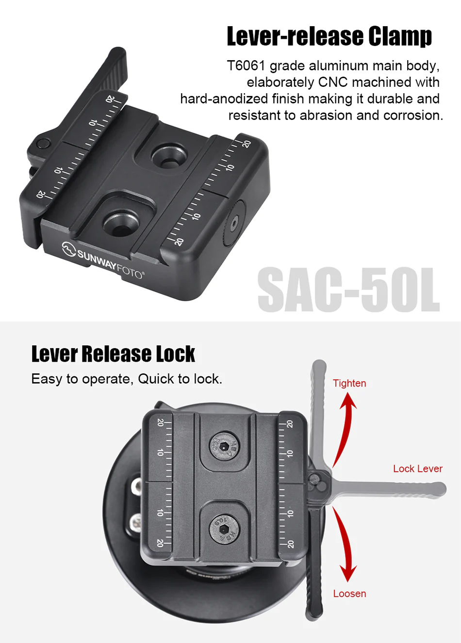  Sunwayfoto SAC-50L 50 mm hurtigfeste med låsespak for Arca-Swiss & A.R.M.S 17S Rask levering fra Sverige.