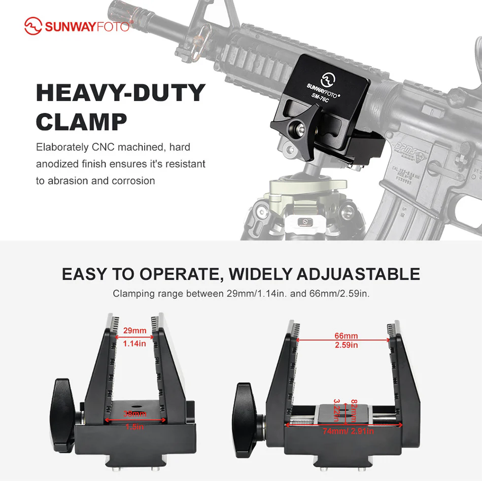  Sunwayfoto SM-76C Saddle Mount – kraftig feste for stativ med Arca-Swiss Rask levering fra Sverige.