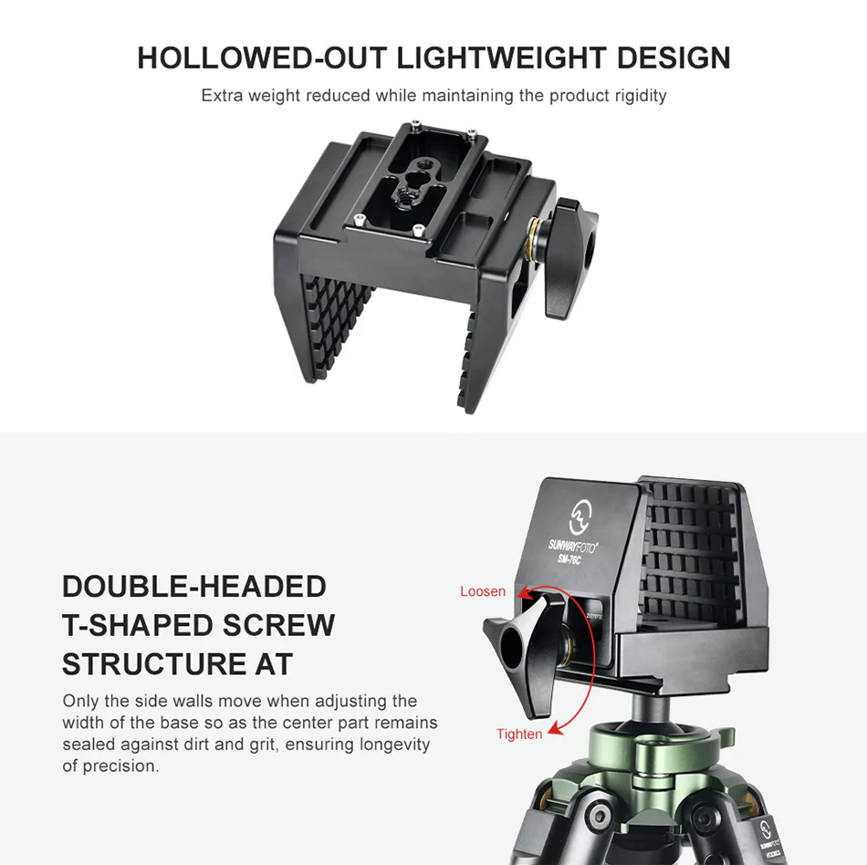  Sunwayfoto SM-76C Saddle Mount – kraftig feste for stativ med Arca-Swiss Rask levering fra Sverige.