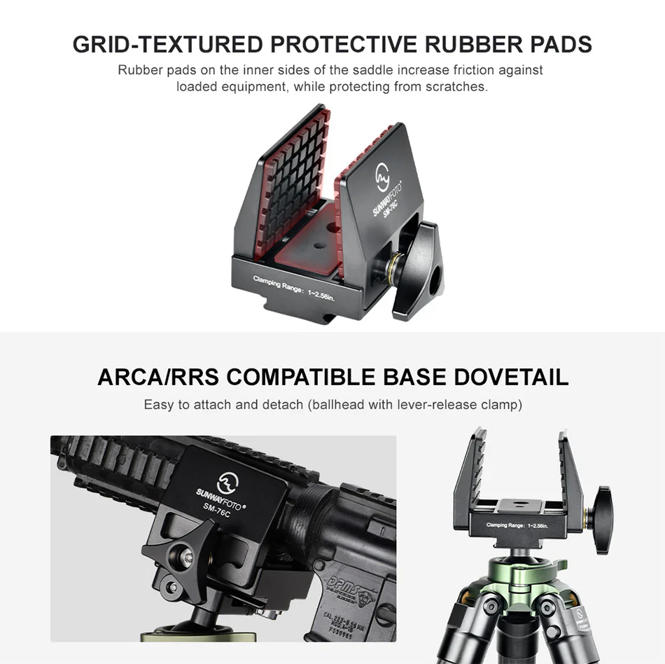  Sunwayfoto SM-76C Saddle Mount – kraftig feste for stativ med Arca-Swiss Rask levering fra Sverige.