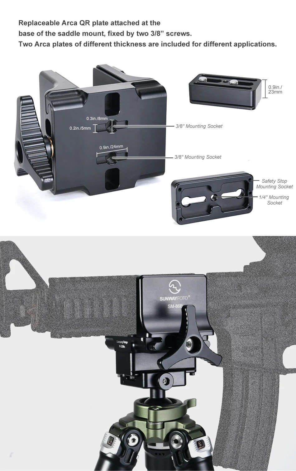 Sunwayfoto Sunwayfoto SM-86B – Robust sadelfeste for jakt og Arca Swiss stativ