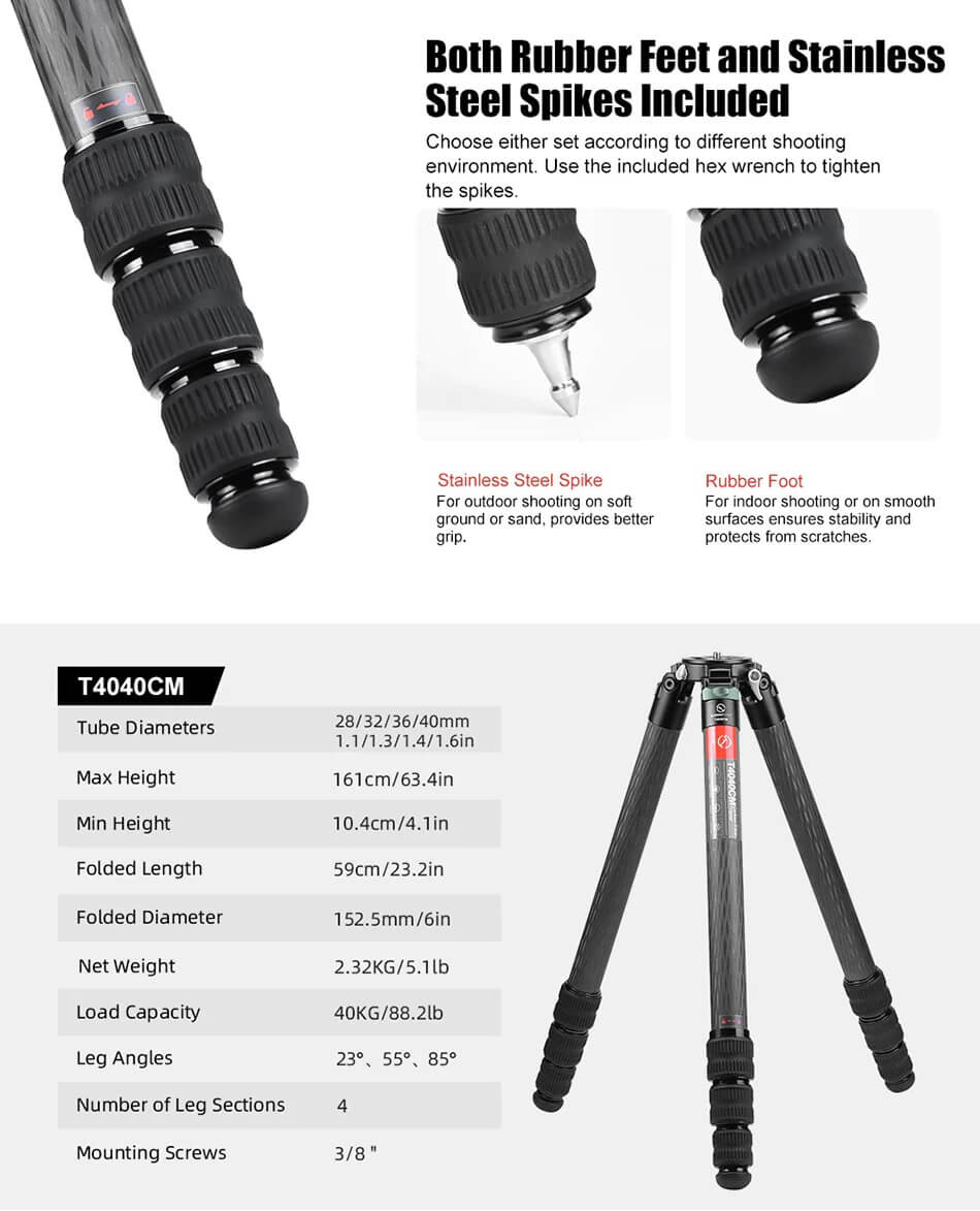 Sunwayfoto Sunwayfoto T4040CM karbonfiberstativ 161cm for tung utstyr foto/jakt 40 kg