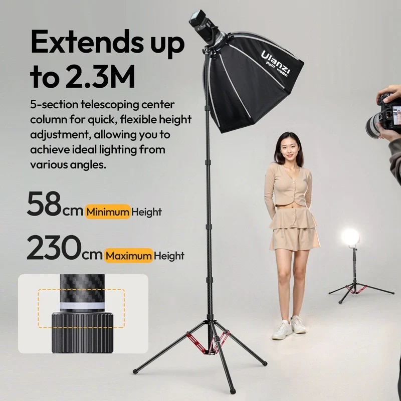  Ulanzi T230 – portabelt lysstativ i karbonfiber 230 cm med vendbare ben Rask levering fra Sverige.